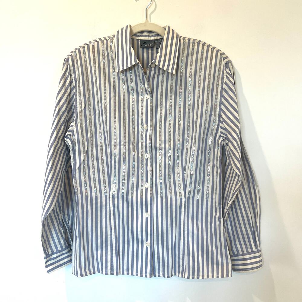 Vtg Liz Claiborne 100% cotton Striped Blouse Sequin Front medium blue white